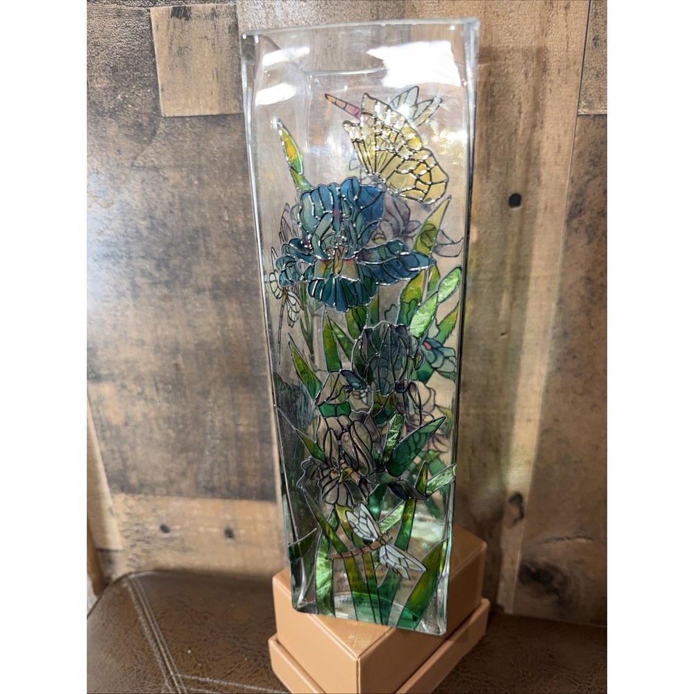 Vintage Joan Baker Designs Hand Painted Glass Vase 2001 Purple Iris Dragonfly